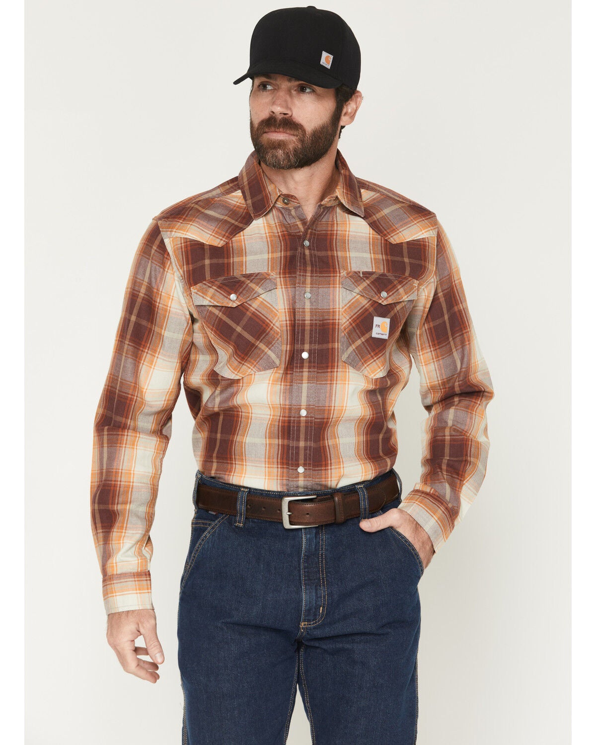 Image #1 - Carhartt Men's FR Montana Plaid Print Long Sleeve Snap Work Shirt, Wine, hi-res