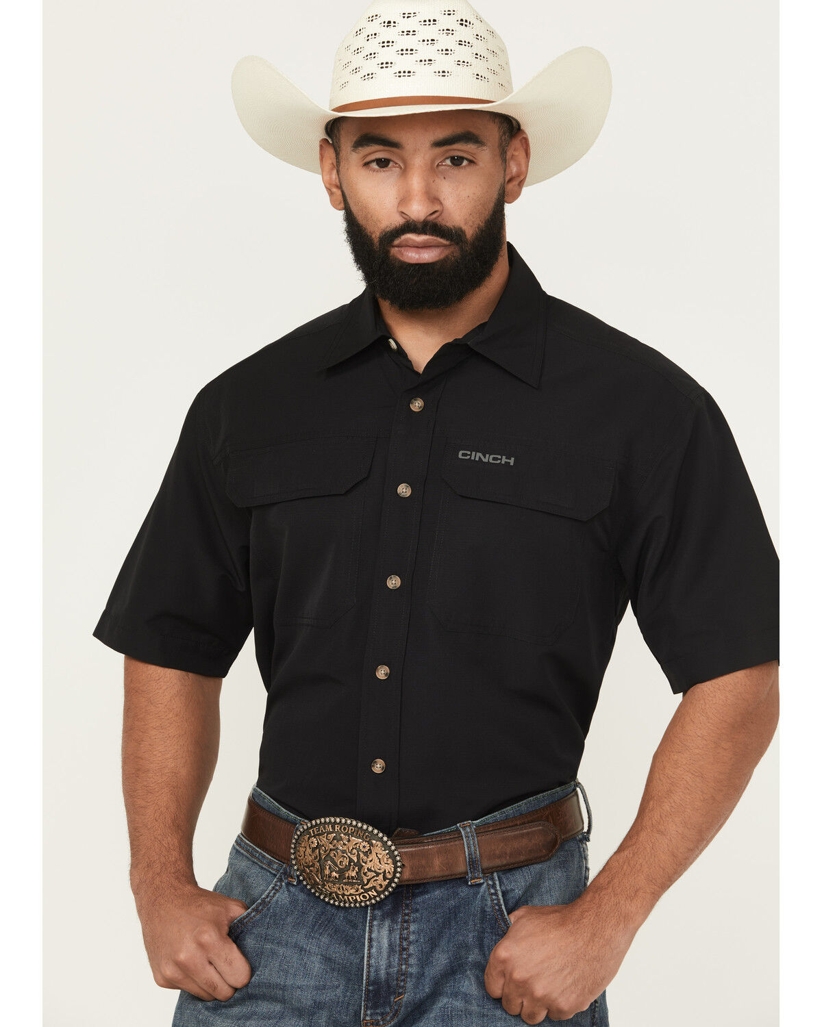 Image #1 - Cinch Men's Solid Short Sleeve Button-Down Performance Western Shirt, Black, hi-res