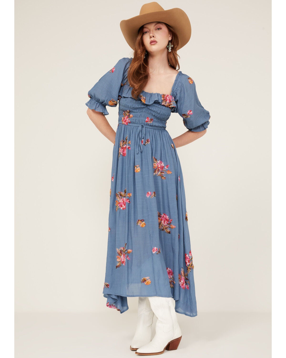 Wild Moss Women's Floral Embroidered Midi Dress, Blue, hi-res