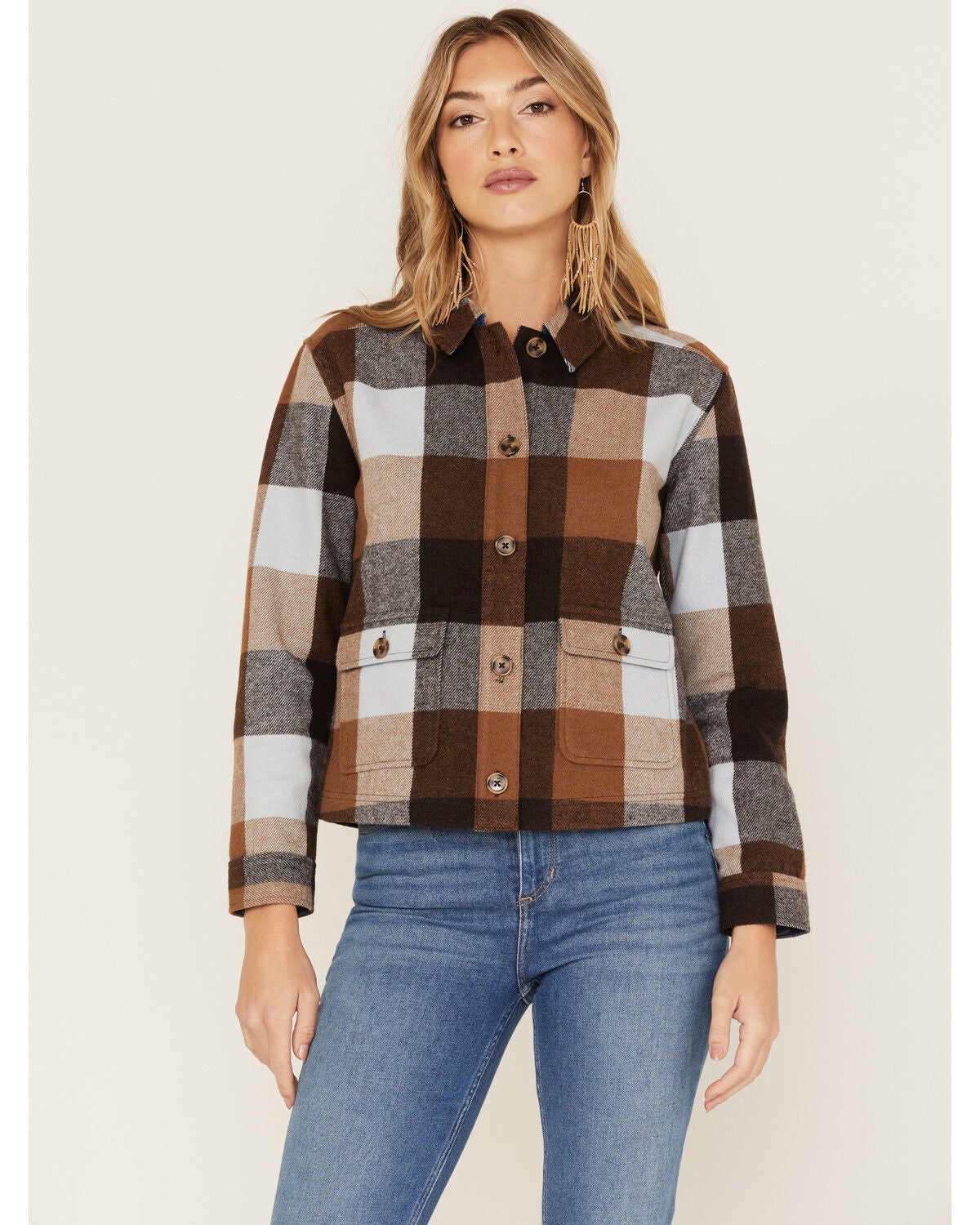 Idyllwind Women's Plaid Print Pocket Days Shacket, Light Blue, hi-res