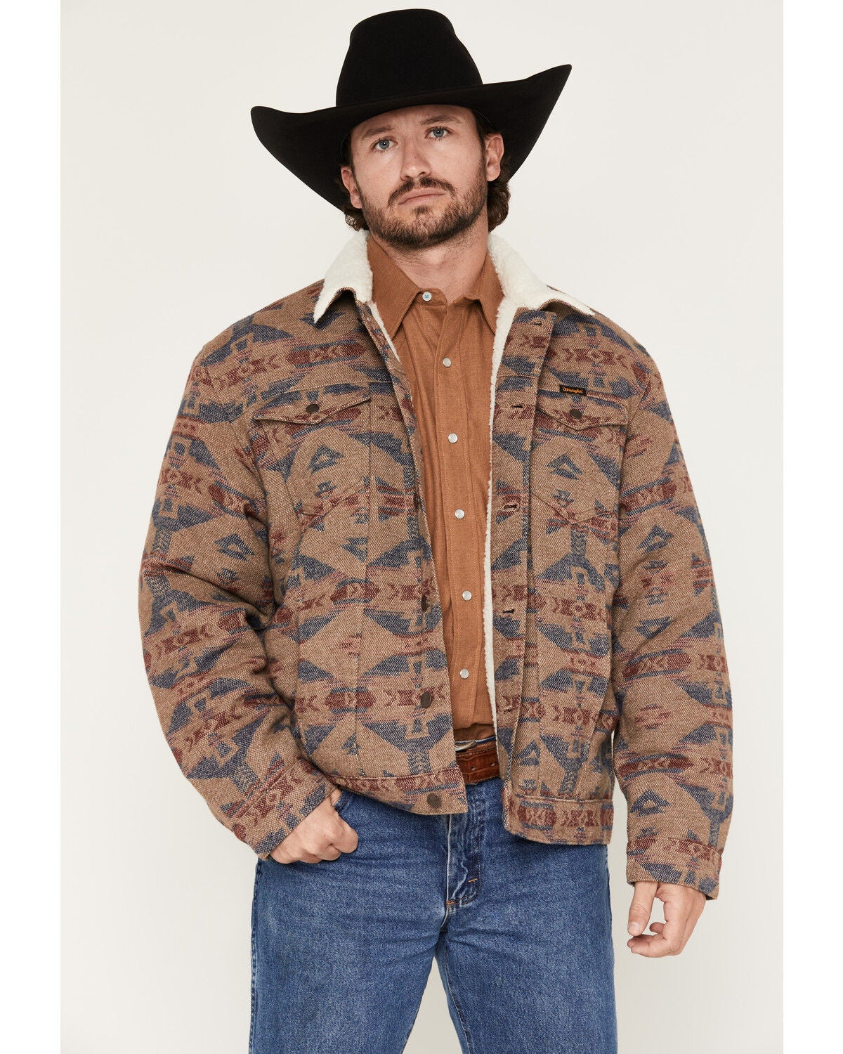 Image #1 - Wrangler Men's Southwestern Print Sherpa Lined Jacket, Taupe, hi-res
