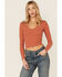 Image #1 - Wild Moss Women's Solid Long Sleeve Raw Edge Ribbed Knit Top, Rust Copper, hi-res