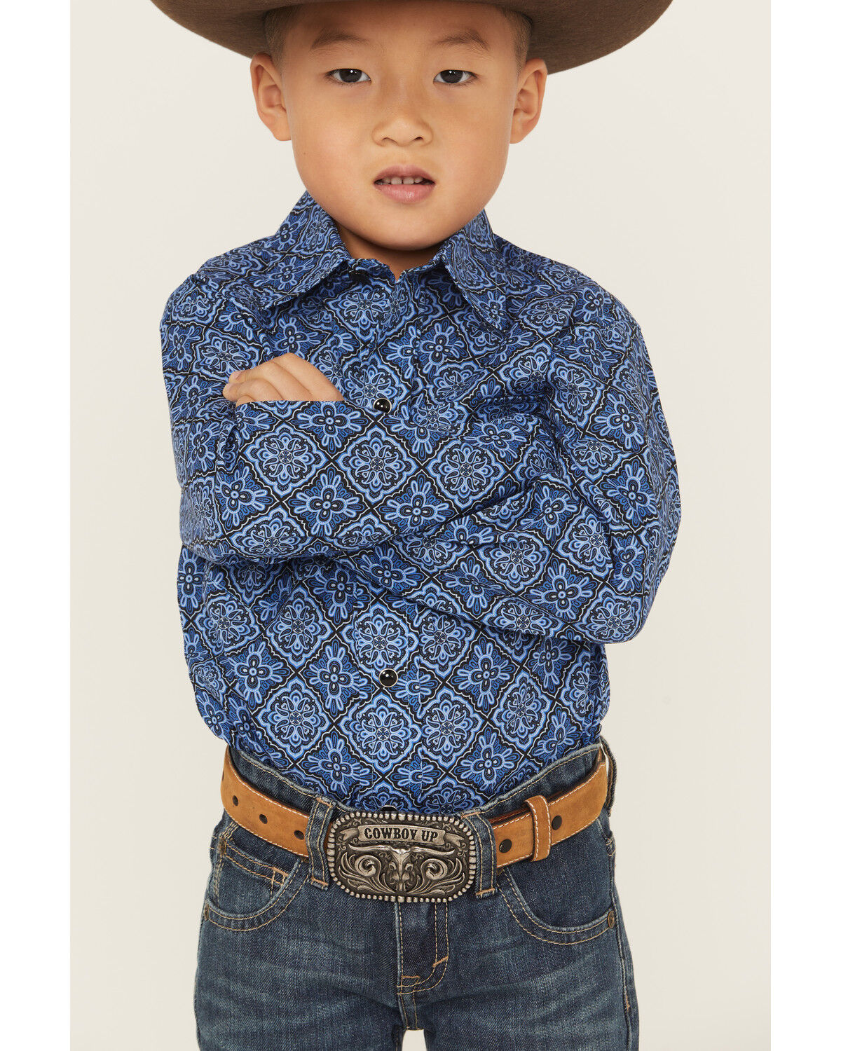 Image #2 - Roper Boys' Medallion Print Long Sleeve Snap Western Shirt, Blue, hi-res