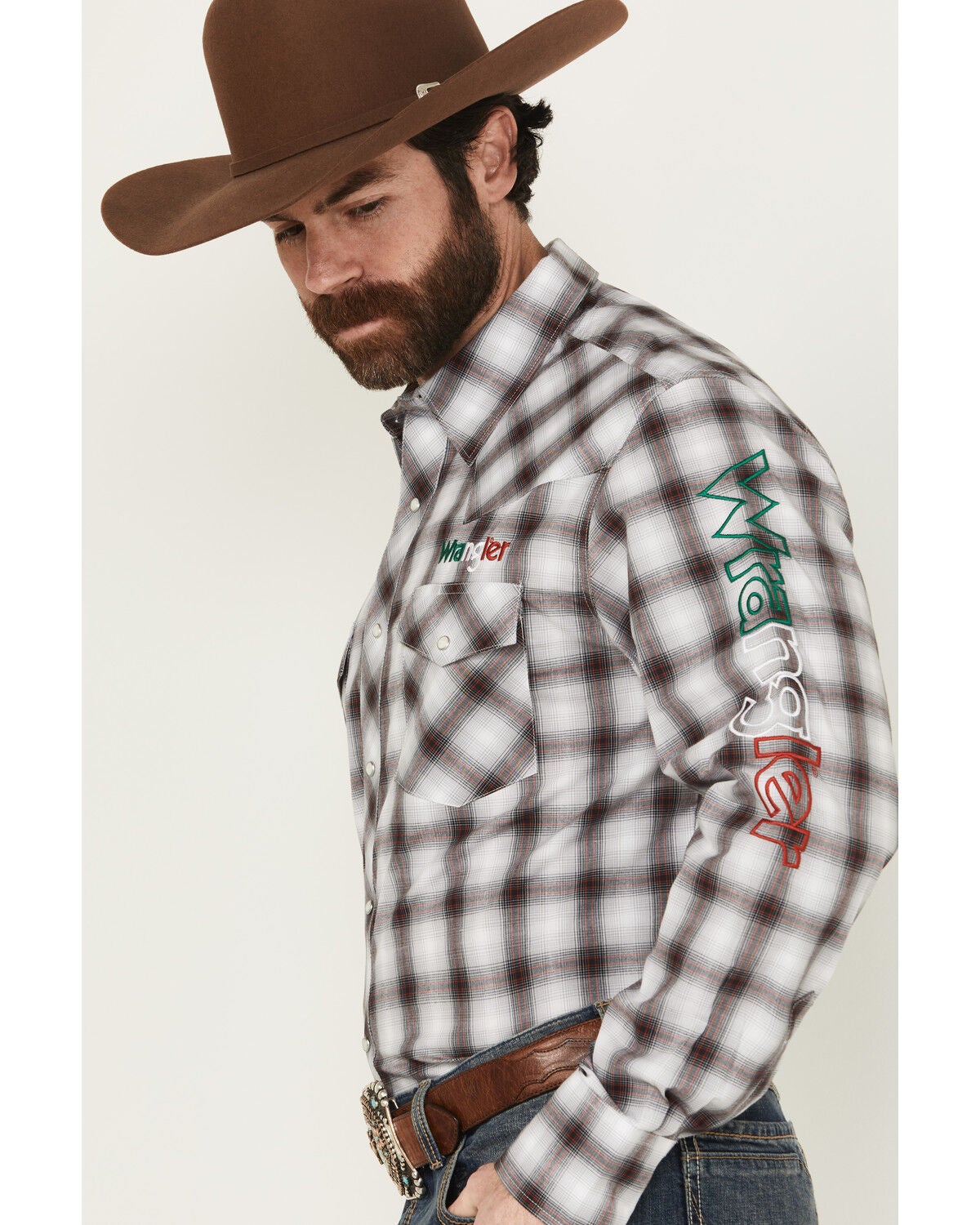Image #2 - Wrangler Men's Plaid Print Logo Long Sleeve Snap Western Shirt - Tall, Black, hi-res