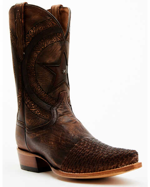 Image #1 - Dan Post Men's Embossed Star & Studded Basketweave Western Leather Boots - Snip Toe, Brown, hi-res