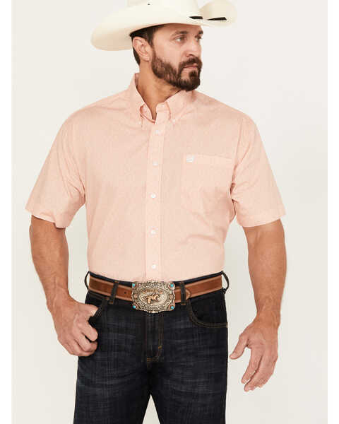 Cinch Men's Geo Print Short Sleeve Button Down Western Shirt, Orange, hi-res