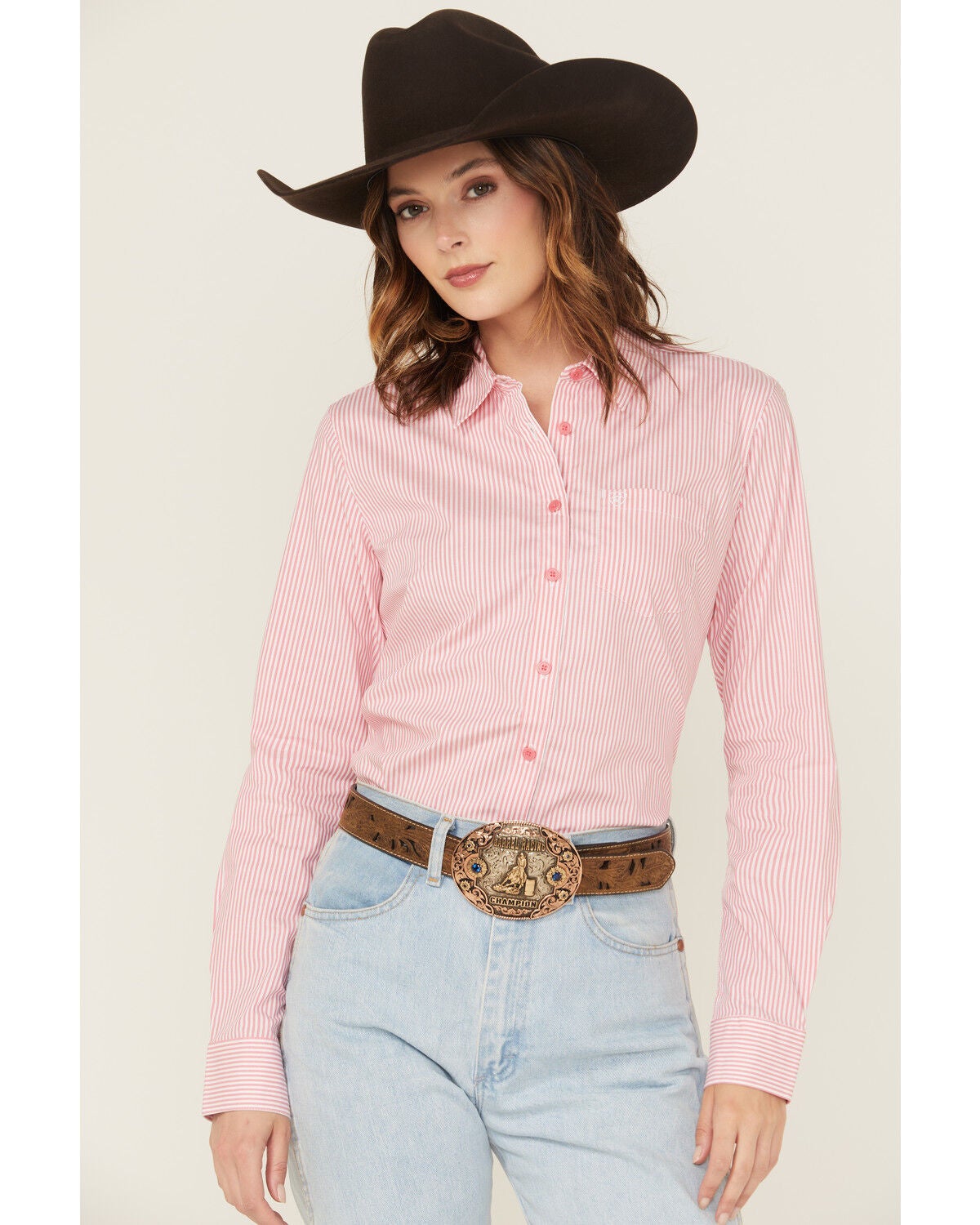 Ariat Women's Kirby Striped Long Sleeve Button-Down Stretch Western Shirt, Pink, hi-res