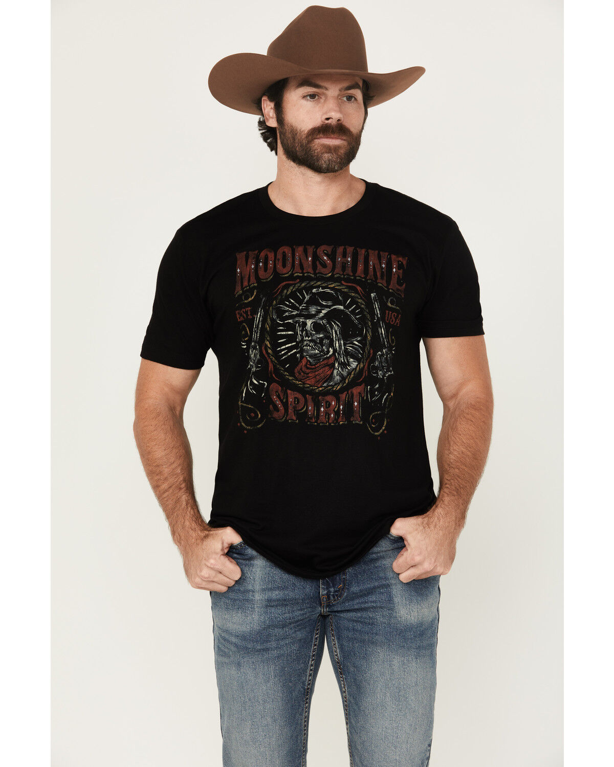 Image #1 - Moonshine Spirit Men's Skeleton Cowboy Short Sleeve Graphic T-Shirt, Black, hi-res