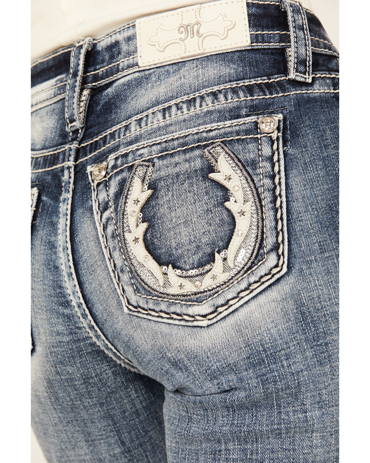 Image #2 - Miss Me Women's Medium Wash Mid Rise Horseshoe Bootcut Stretch Denim Jeans, Medium Wash, hi-res