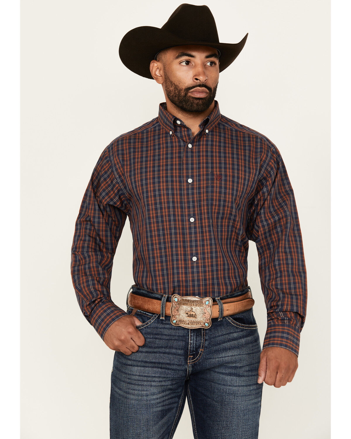 Image #1 - Ariat Men's Iker Plaid Print Long Sleeve Button-Down Western Shirt, Navy, hi-res