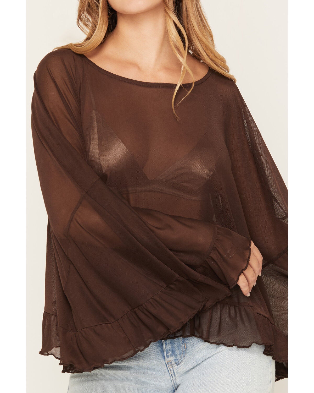 Image #3 - Wild Moss Women's Solid Mesh Poncho Top, Brown, hi-res