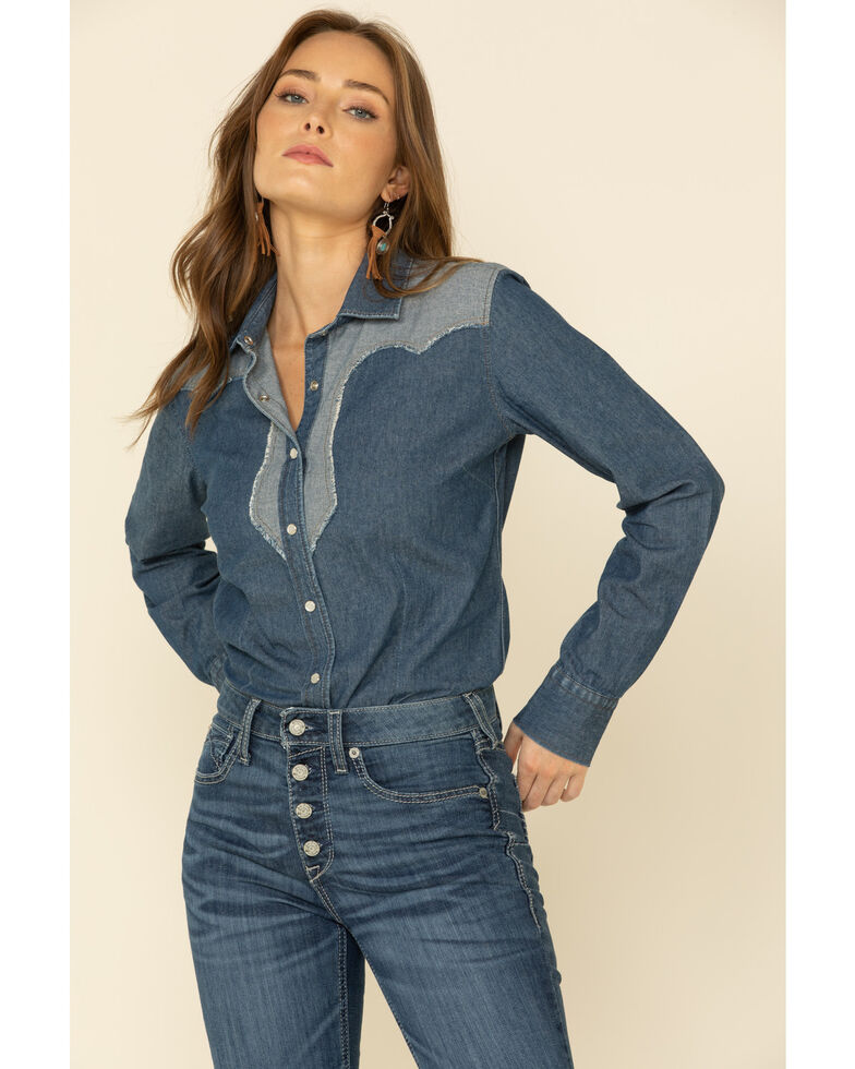 Ariat Women's Reverse Denim Long Sleeve Snap Western Shirt, Blue, hi-res