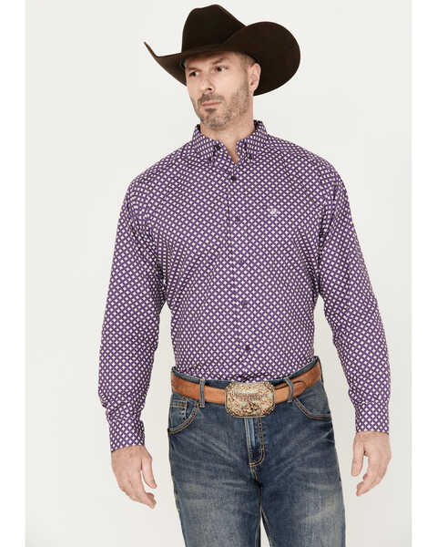 Image #1 - Ariat Men's Misael Geo Floral Long Sleeve Button Down Western Shirt - Big, Purple, hi-res