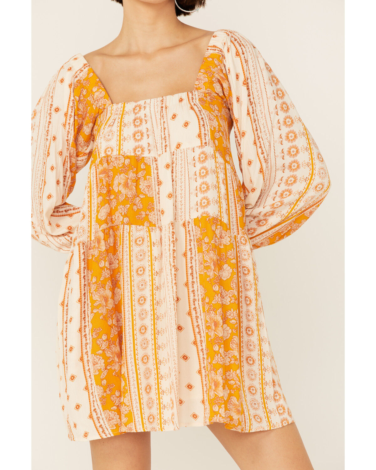 Image #2 - En Creme' Women's Cream Yellow Patchwork Long Sleeve Baby Doll Mini Dress, Cream, hi-res