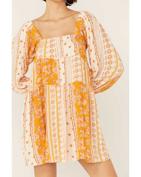 En Creme' Women's Cream Yellow Patchwork Long Sleeve Baby Doll Mini Dress , Cream, hi-res