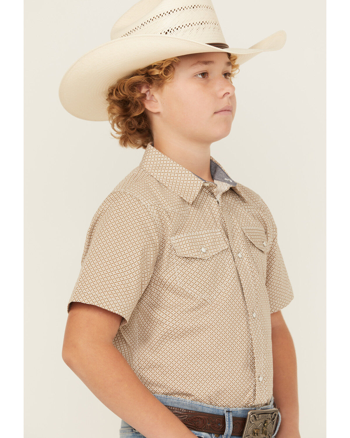 Image #2 - Cody James Boys' Grill and Greet Medallion Print Short Sleeve Snap Western Shirt, Tan, hi-res