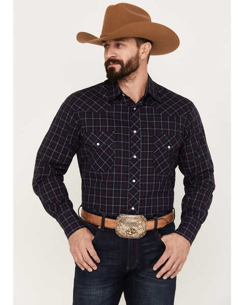 Roper Men's KC Plaid Print Long Sleeve Western Pearl Snap Shirt, Navy, hi-res