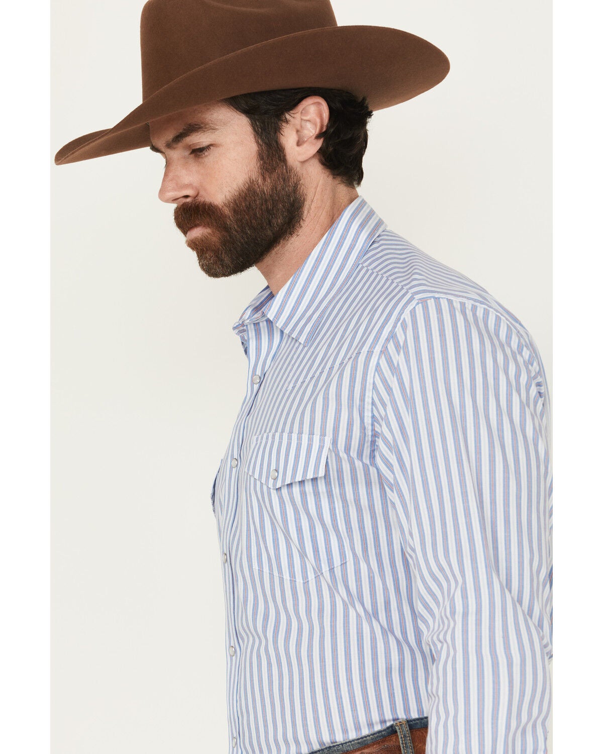 Image #2 - Wrangler Men's Striped Print Long Sleeve Snap Stretch Western Print - Big, Blue, hi-res