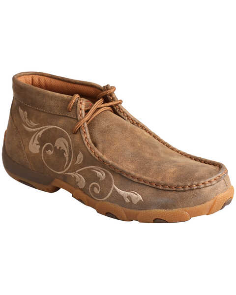 Twisted X Women's Embroidered Brown Lace-Up Driving Mocs, Brown, hi-res