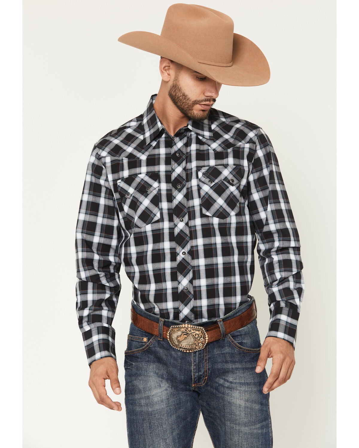 Wrangler Retro Men's Plaid Print Long Sleeve Snap Western Shirt, Black, hi-res
