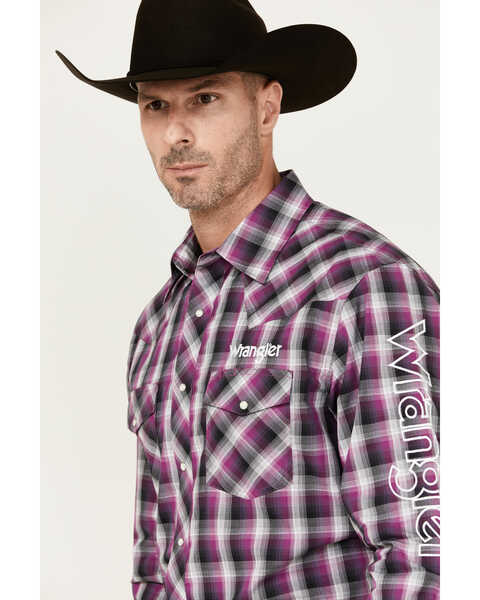 Image #2 - Wrangler Men's Logo Plaid Print Long Sleeve Snap Western Shirt, Purple, hi-res
