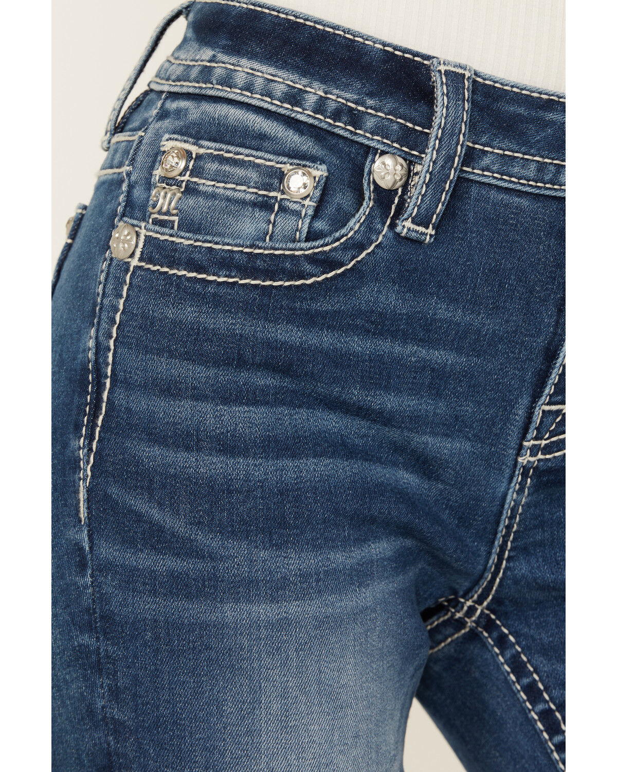 Image #4 - Miss Me Women's Dark Wash Mid Rise Faux Cowhide Longhorn Bootcut Stretch Denim Jeans, , hi-res