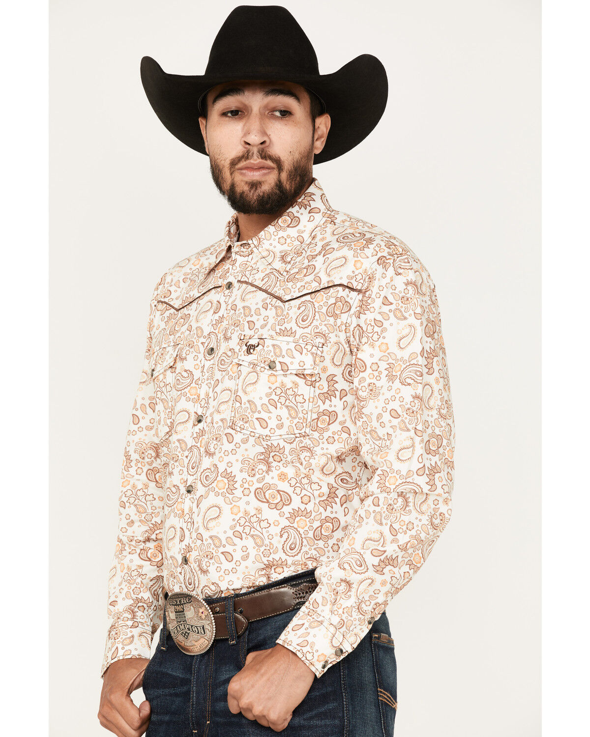 Image #2 - Cowboy Hardware Men's Paisley Print Long Sleeve Snap Western Shirt, Cream, hi-res