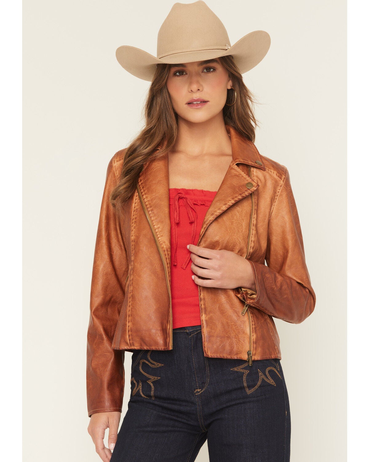 Stoosh Women's Leather Jacket, Brown, hi-res