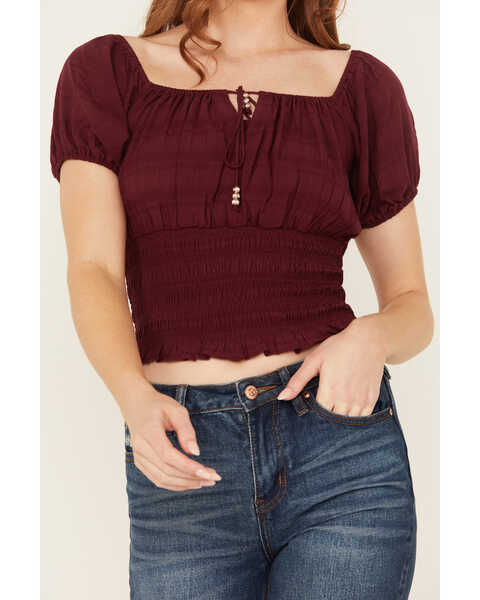 Image #4 - Shyanne Women's Puff Sleeve Smocked Bodice Top, Maroon, hi-res
