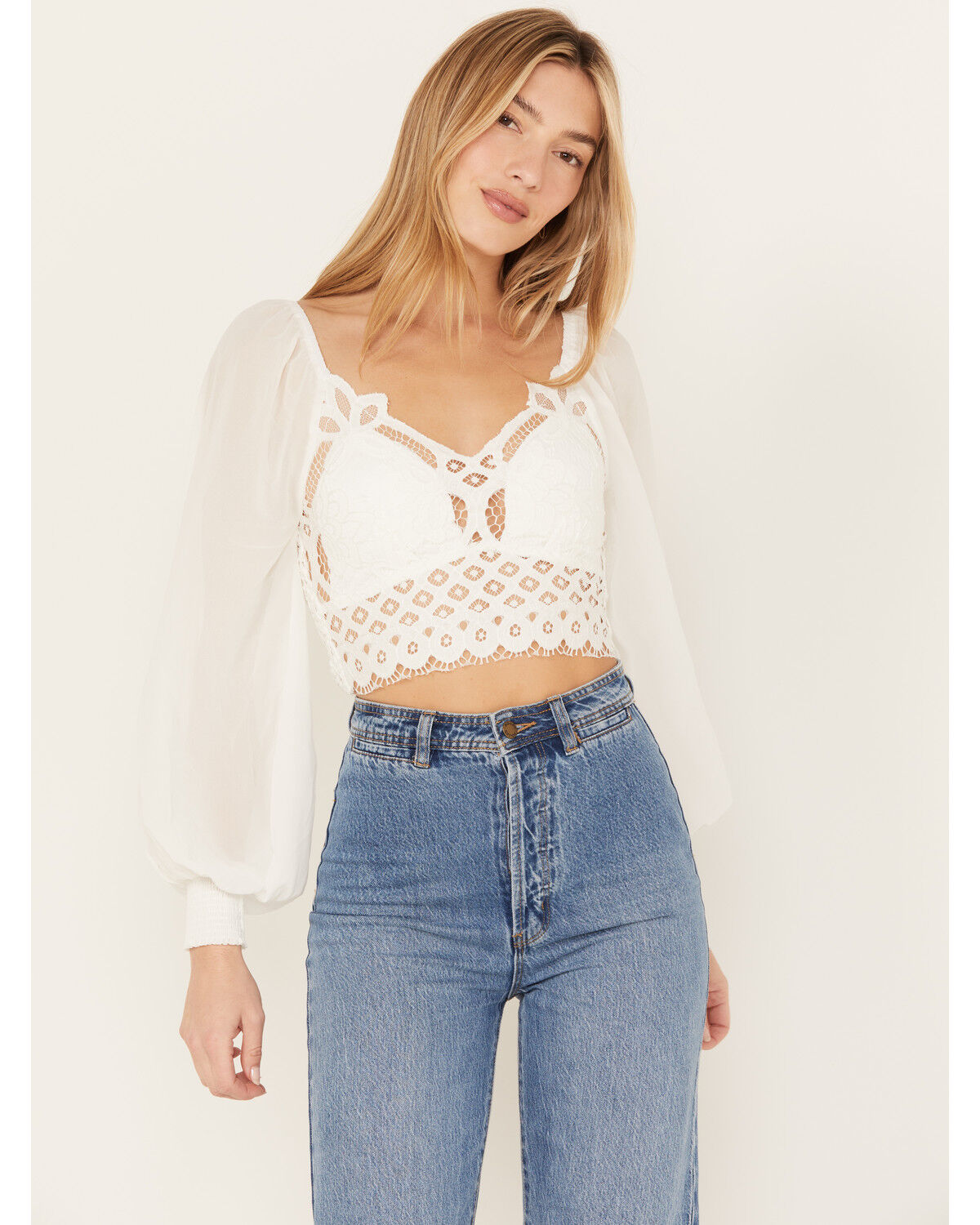 Image #1 - Flying Tomato Women's Crochet Front Long Sleeve Top, White, hi-res