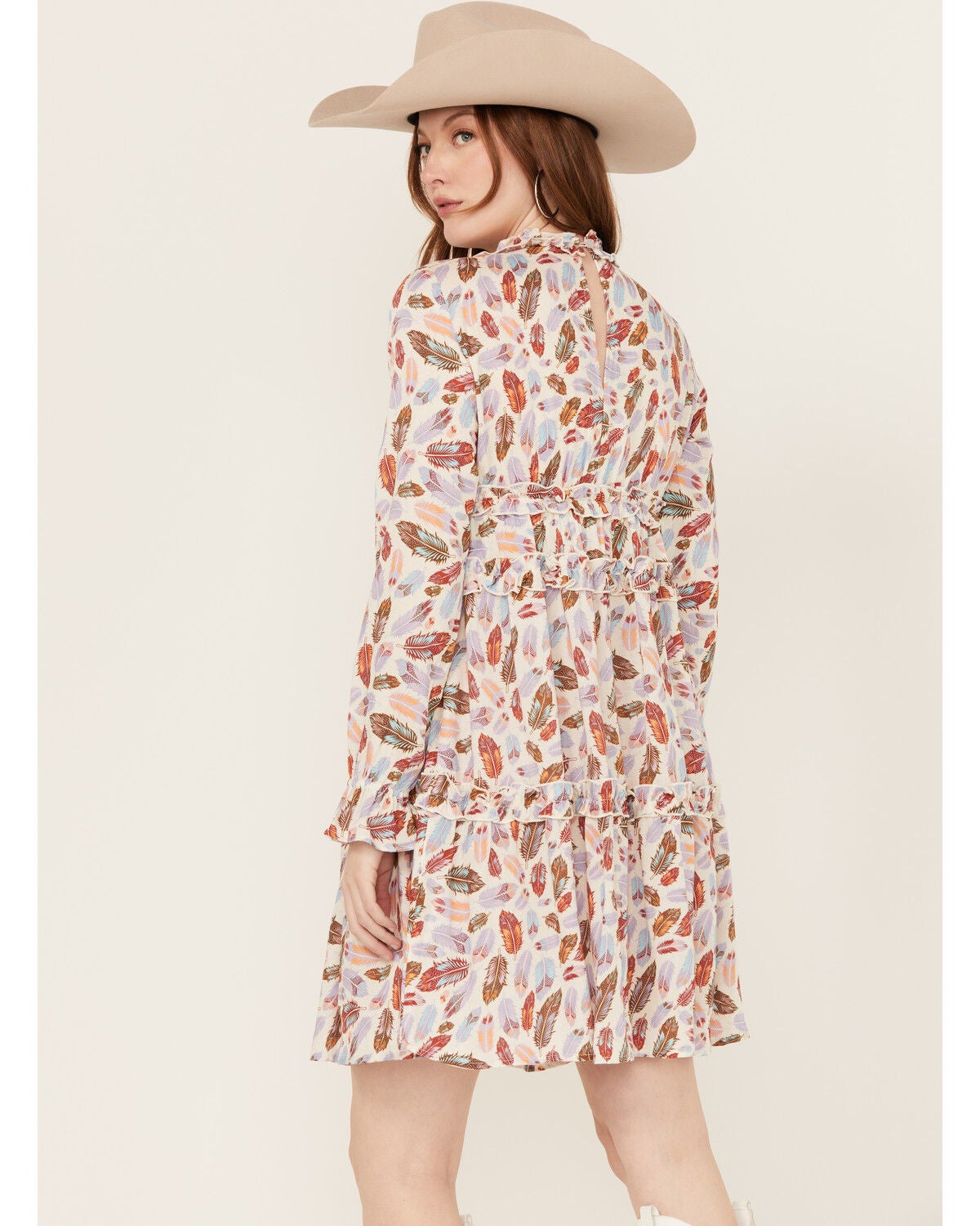Image #4 - Roper Women's Feather Print Long Sleeve Mini Dress, Cream, hi-res