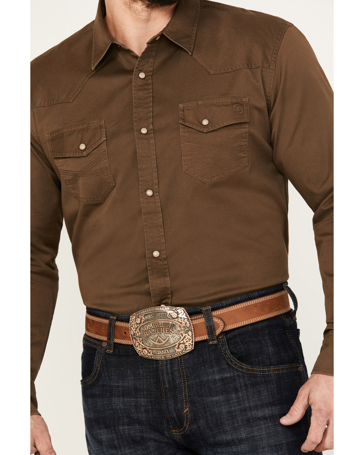 Image #3 - Blue Ranchwear Men's Solid Twill Long Sleeve Snap Stretch Western Shirt, Bark, hi-res