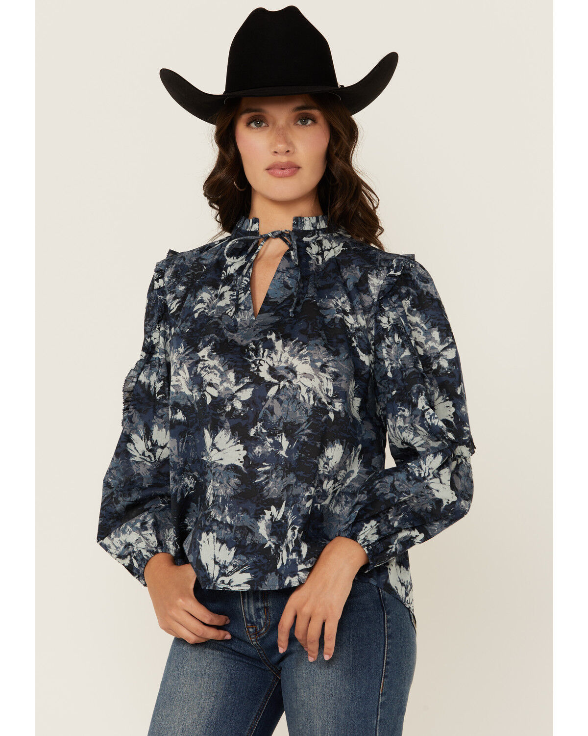 Image #1 - Revel Women's Floral Print 3/4 Sleeve Top, Blue, hi-res