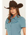 Image #2 - Howdy Hanny Women's Reef Waters Solid Short Sleeve Pearl Snap Performance Stretch Western Shirt, Ocean Blue, hi-res