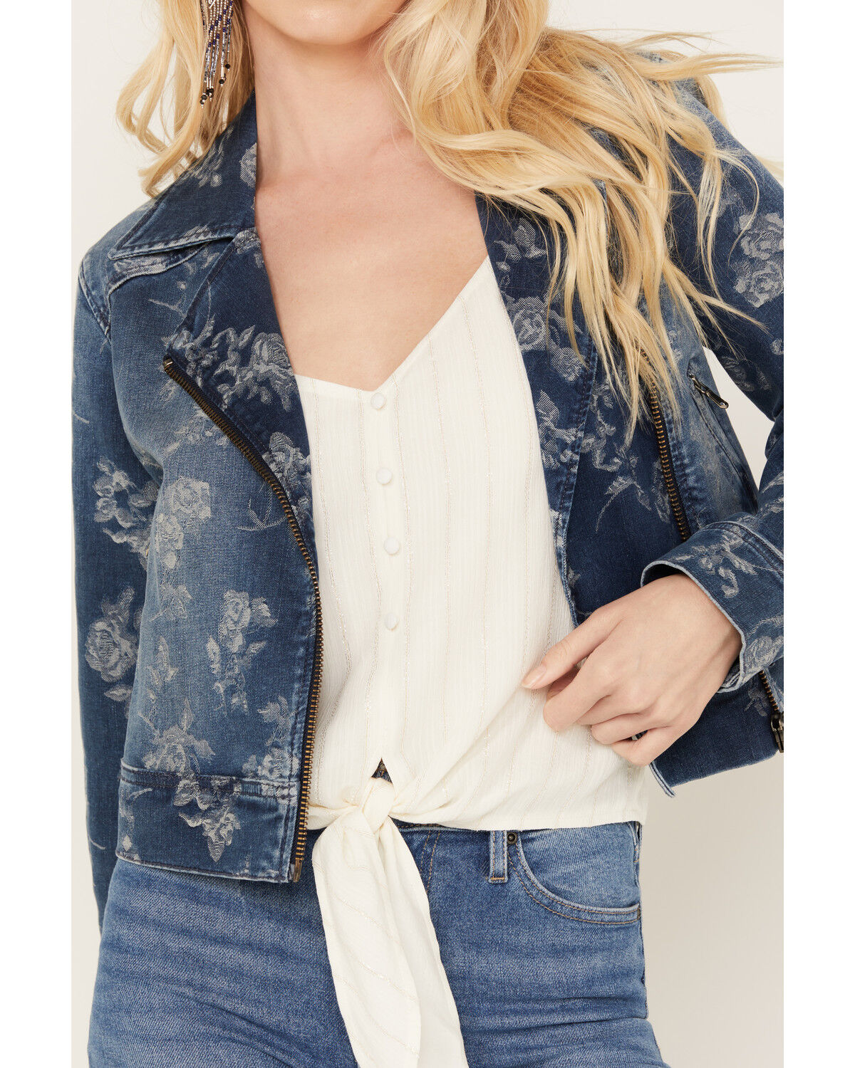 Image #3 - Idyllwind Women's Floral Drive Print Denim Moto Jacket, Dark Medium Wash, hi-res