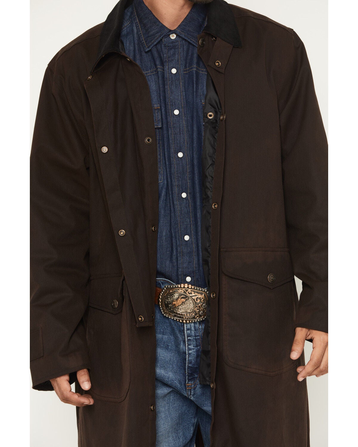 Image #3 - Blue Ranchwear Men's Briscoe Waxed Canvas Duster Western Overcoat, Dark Brown, hi-res