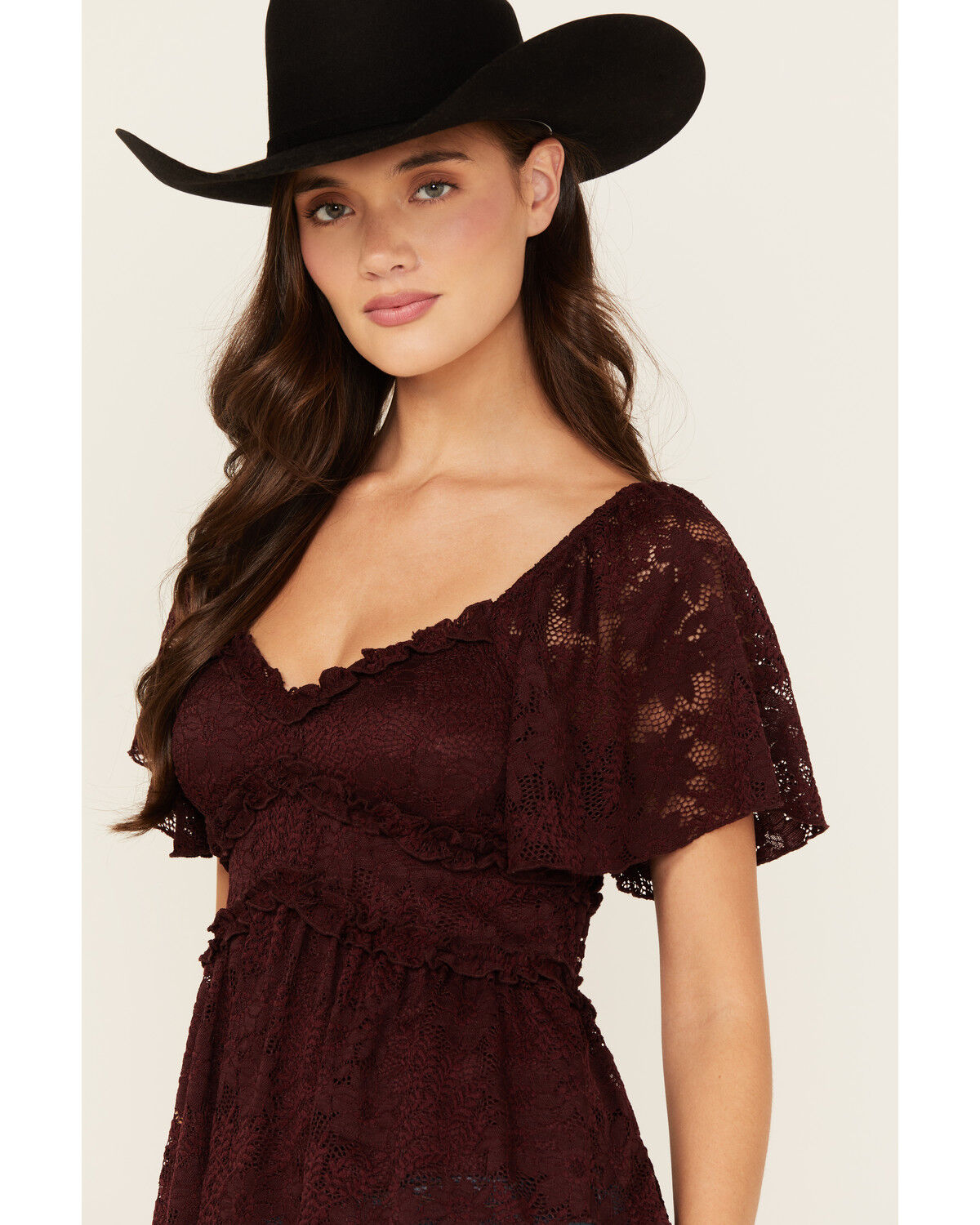 Image #2 - Originality Women's Ruffle Lace Short Sleeve Top, Brown, hi-res
