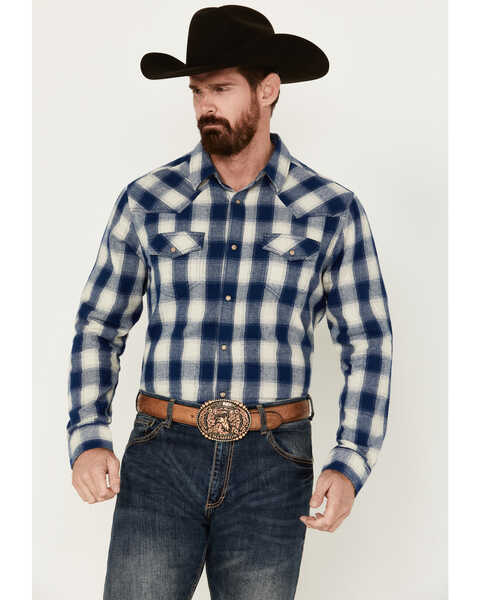 Image #1 - Cody James Men's Buffalo Plaid Print Long Sleeve Snap Western Flannel Shirt, Blue, hi-res