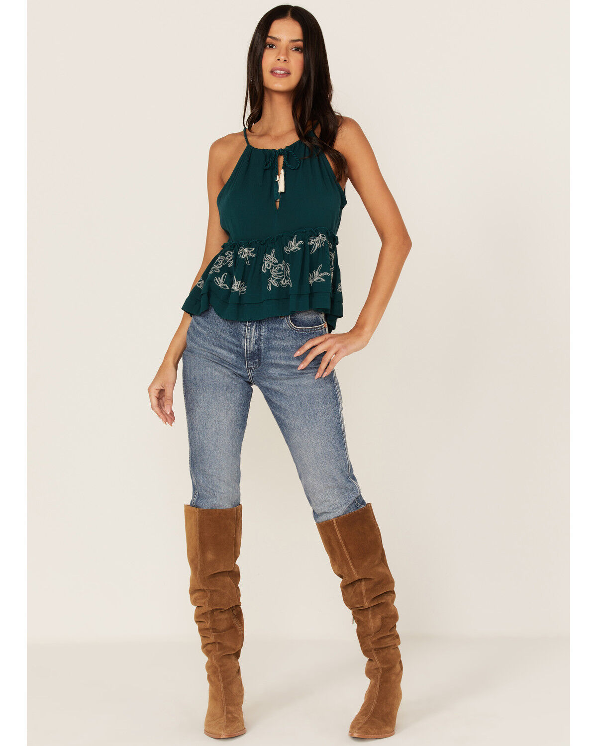 Image #2 - Shyanne Women's Embroidered Floral Keyhole Tank, Deep Teal, hi-res