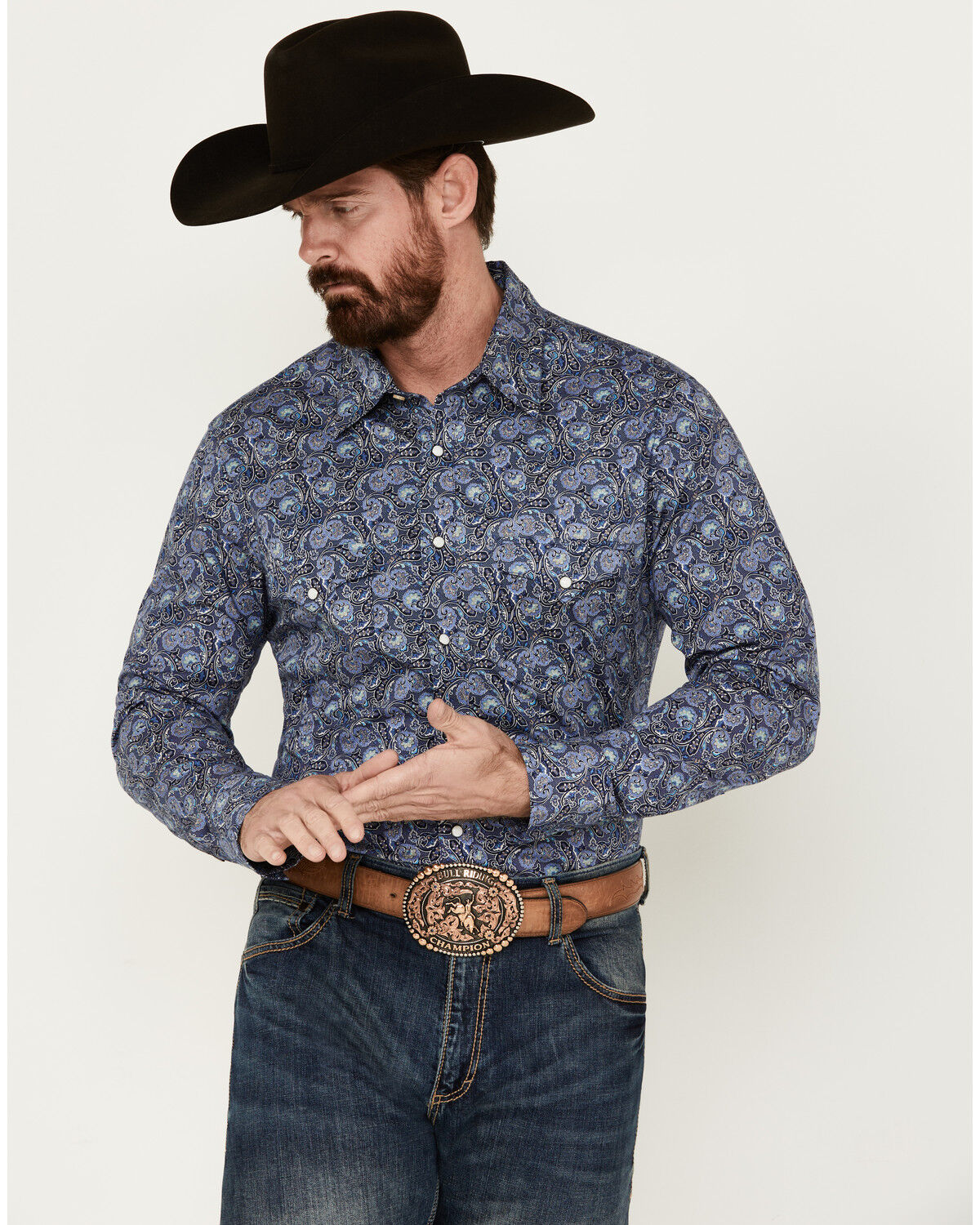 Image #1 - Rock & Roll Denim Men's Paisley Print Long Sleeve Pearl Snap Stretch Western Shirt, Dark Blue, hi-res