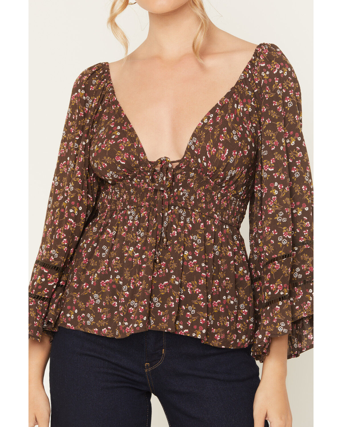 Image #3 - Angie Women's Floral Print Long Sleeve Shirt, Dark Brown, hi-res