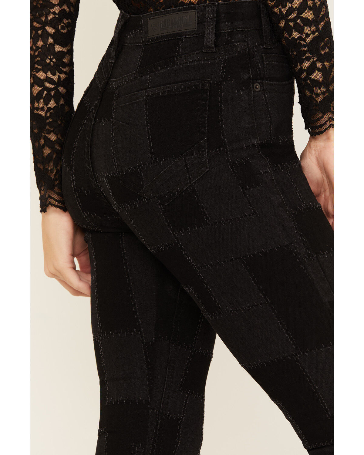 Image #4 - Rock & Roll Denim Women's Dark Wash Patchwork High Rise Slim Stretch Flare Jeans, Black, hi-res