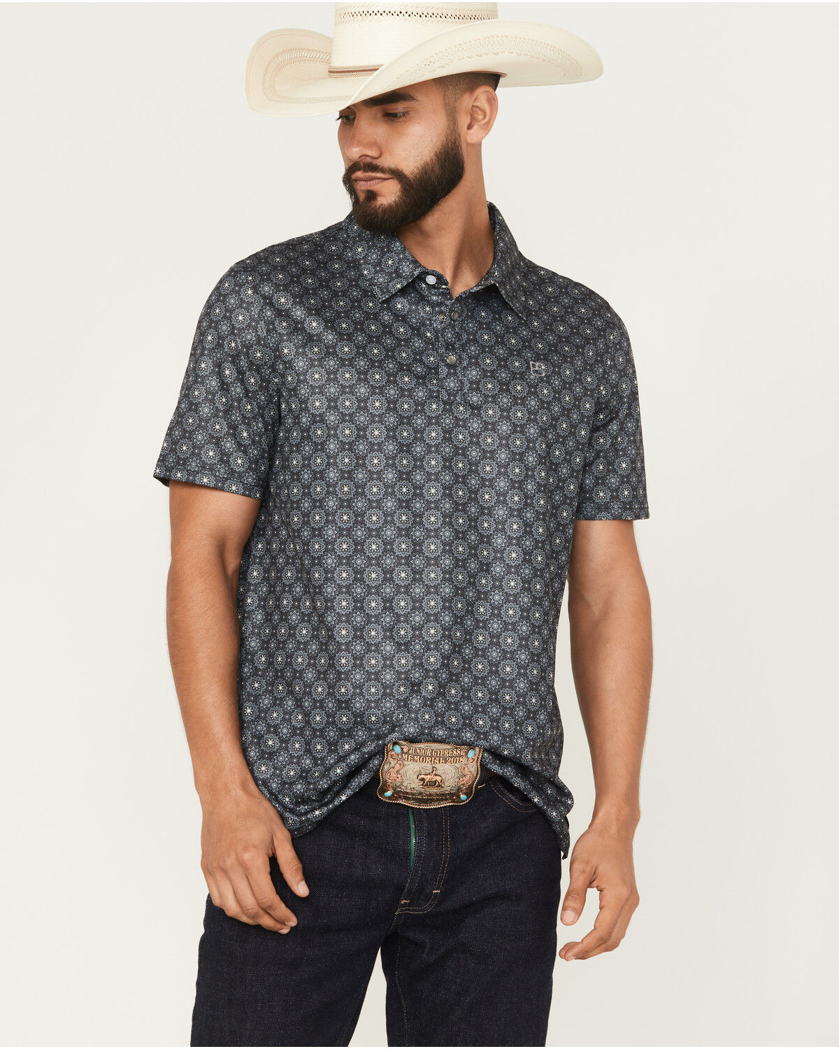 Image #1 - Panhandle Slim Men's Medallion Print Short Sleeve Snap Performance Polo, Black, hi-res
