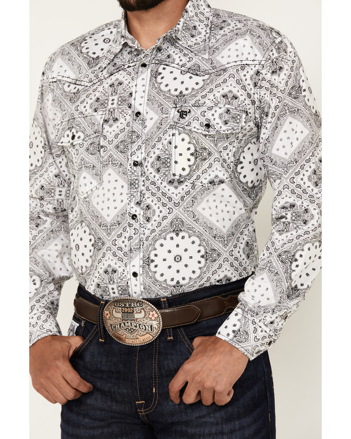Image #3 - Cowboy Hardware Men's Bandana Print Long Sleeve Pearl Snap Western Shirt, White, hi-res
