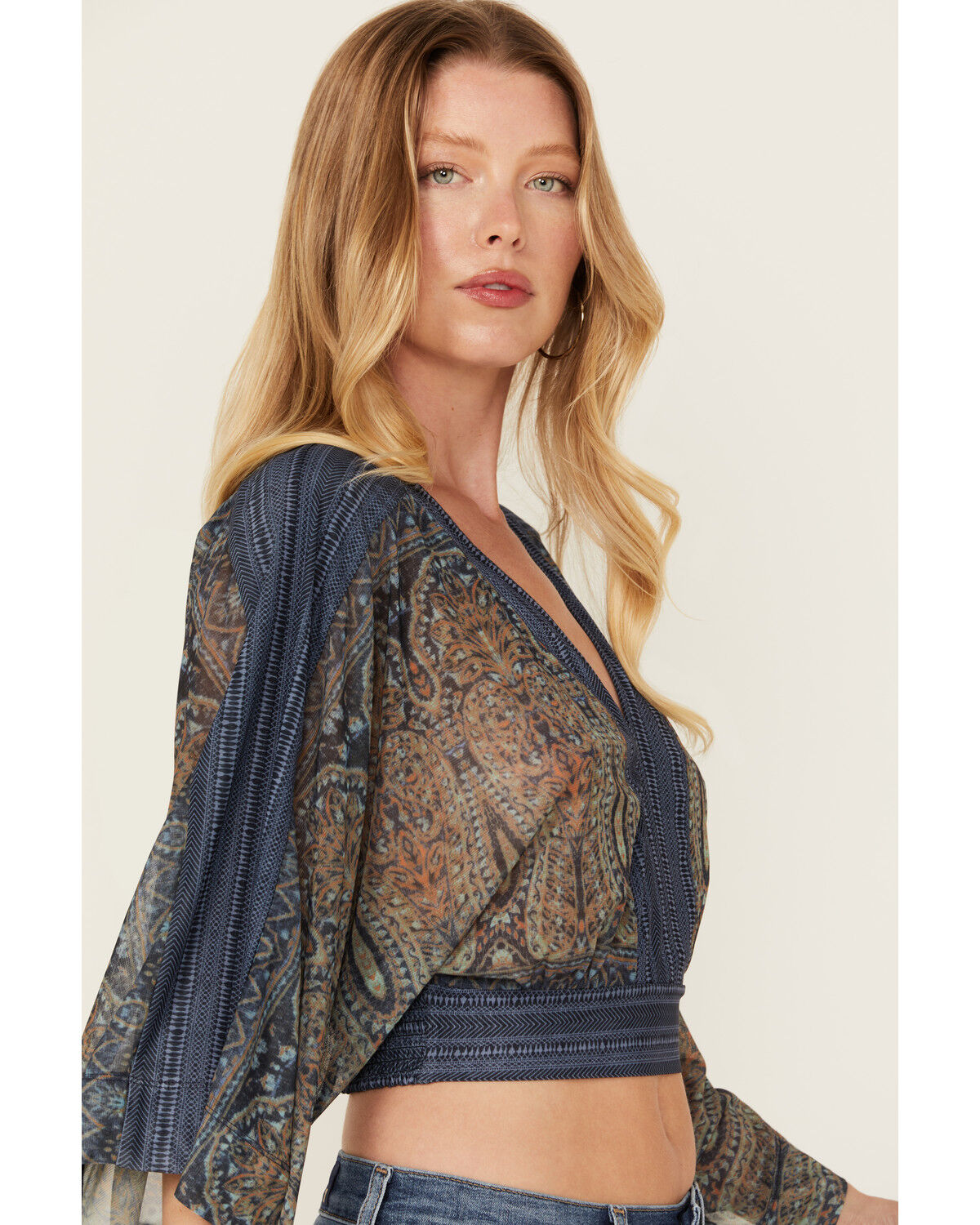 Image #2 - Beyond The Radar Women's Paisley Print Mesh Long Sleeve Top, Blue, hi-res