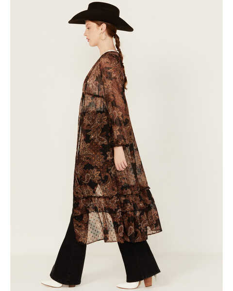 Image #2 - Wild Moss Women's Printed Tiered Long Sleeve Kimono, Black, hi-res