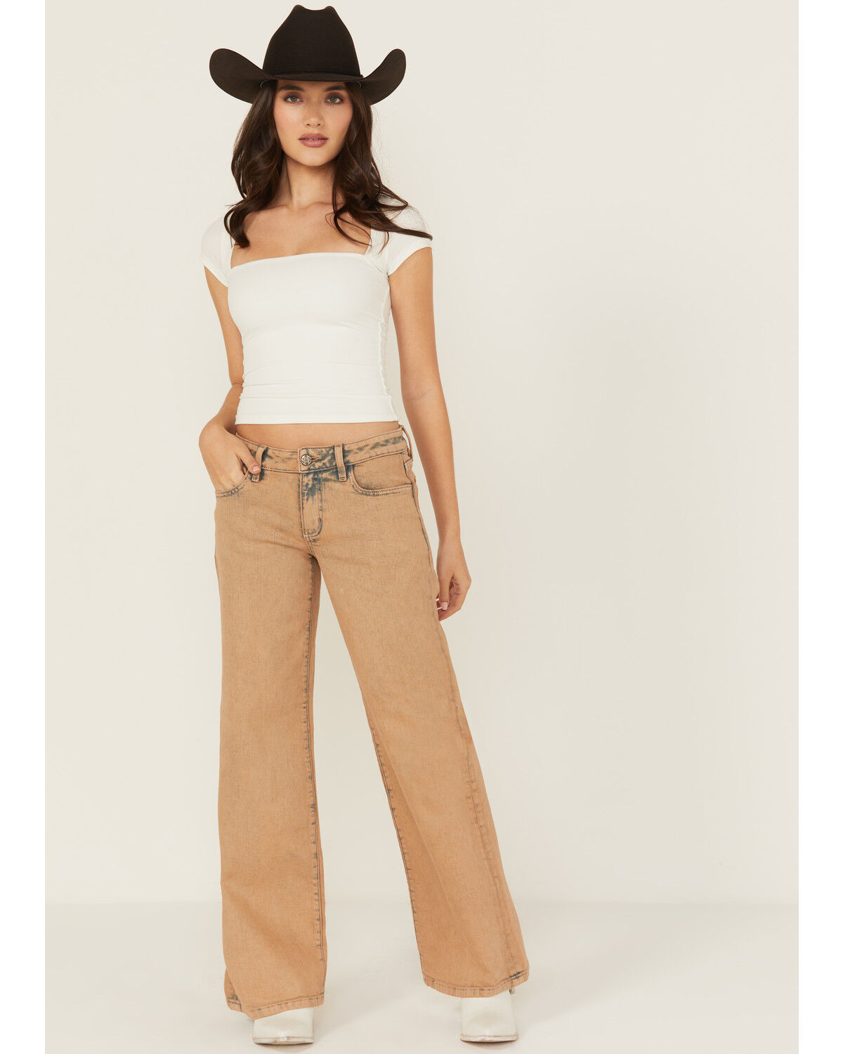 Image #1 - Miss Me Women's Mid Rise 32" Wide Leg Stretch Denim Jeans, Brown, hi-res