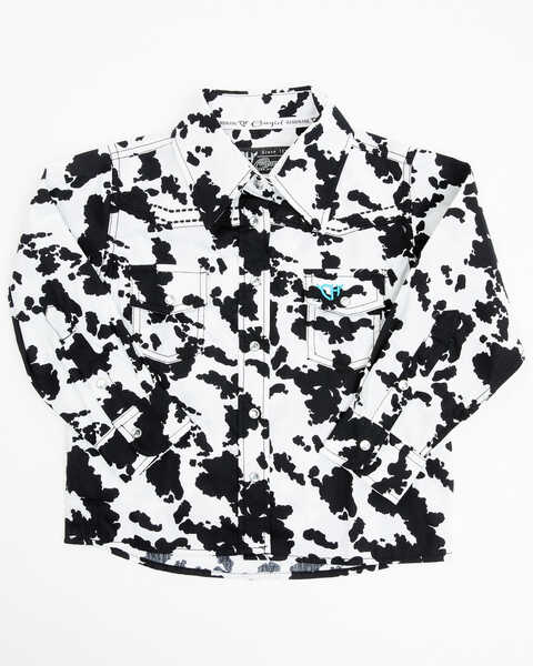 Cowgirl Hardware Toddler Girls' Cow Print Long Sleeve Rhinestone Snap Western Shirt , Black, hi-res