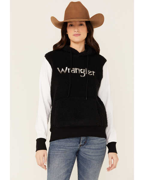 Image #1 - Wrangler Women's Black Logo Sherpa Pullover Hoodie , , hi-res