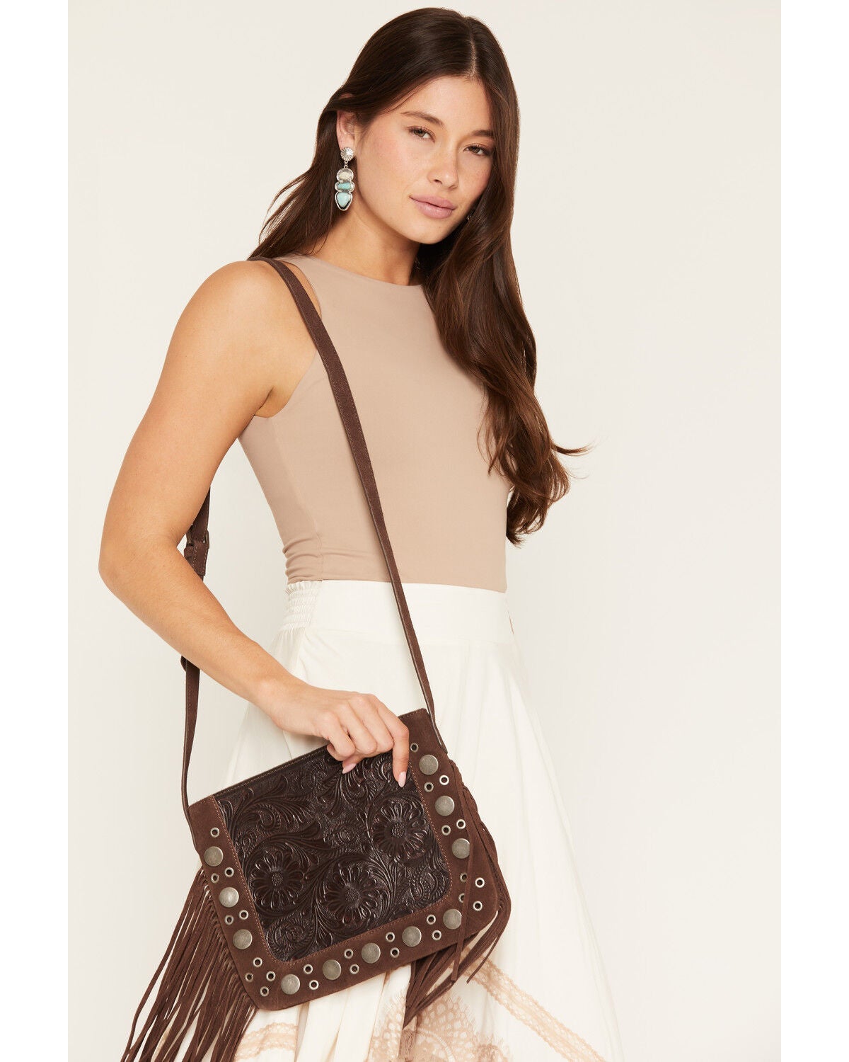 Shyanne Women's Briarwood Fringe Tooled Crossbody Bag, Brown, hi-res